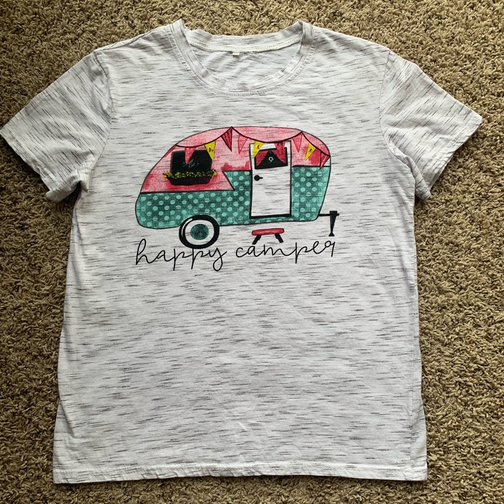 Happy Camper T-shirt Graphic Gray Cotton S NWOT